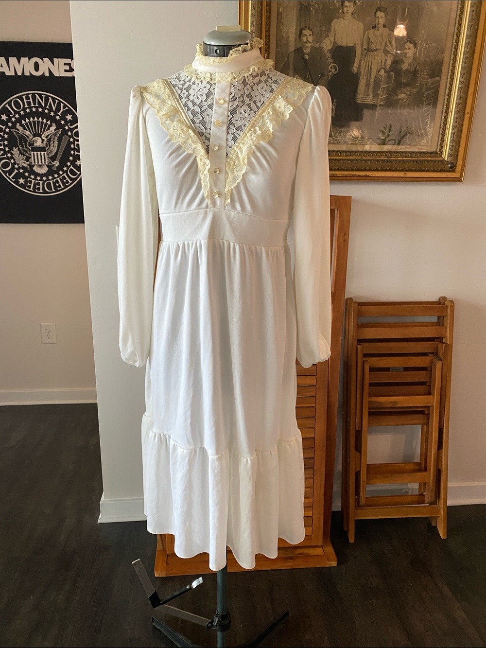 Vintage Victorian inspired Ivory Lace-Trim Long Sleeve Midi Dress